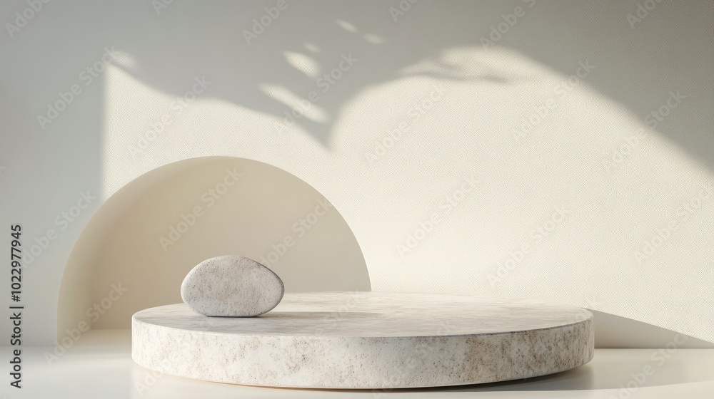 Aufkleber 3D rendering of geometric stone podium Abstract pastel shapes create a blank platform Empty pedestal for product display ideal for showcasing cosmetics Minimalist composition featuring a rounded s