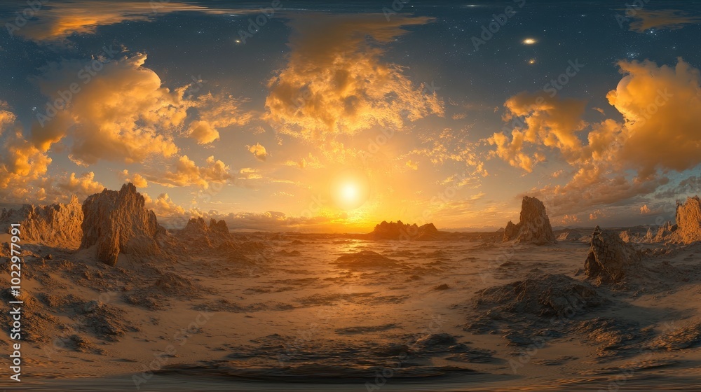 Poster 360 HDRI panorama of a sunset on a distant planet Unique landscape environment map Equirectangular projection spherical panorama 3D illustration