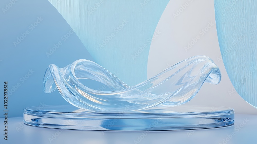 Poster 3d render of a podium featuring a transparent glass wavy ribbon on water set against an abstract geo
