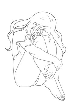 illustration d'une jeune fille triste et rouler et boule, dessin ligne 