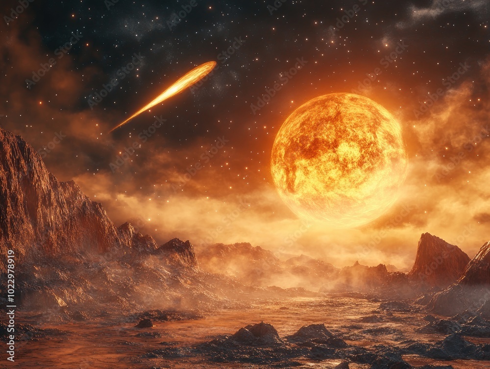 Aufkleber Alien fantasy landscape featuring a space backdrop with rocky craters an orange planet a cloudy sky and a falling comet created in 3D render