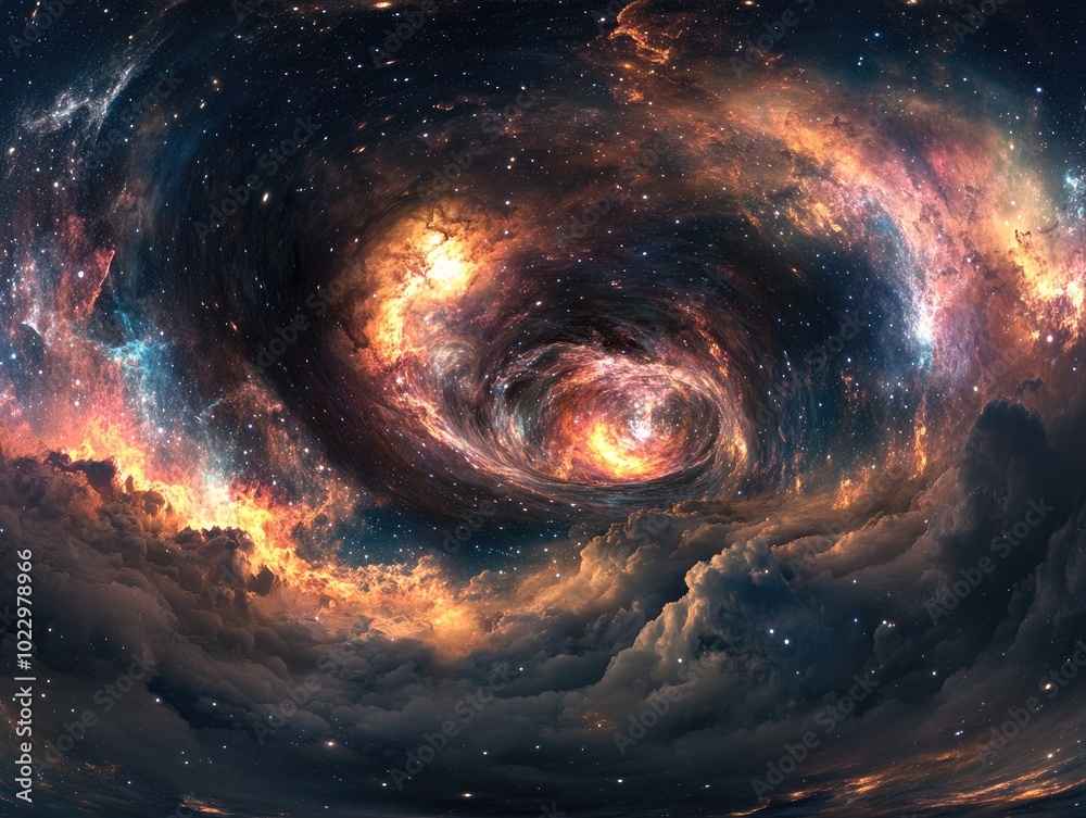 Poster 360 degree space nebula panorama with an equirectangular projection featuring an HDRI spherical background filled with stars and a vibrant nebula created in 3D