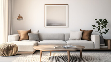 Obraz premium Round coffee table with a single framed photo in a softly lit room