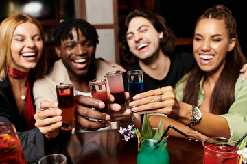 A vibrant gathering where colleagues laugh and toast with colorful drinks, enjoying the moment.