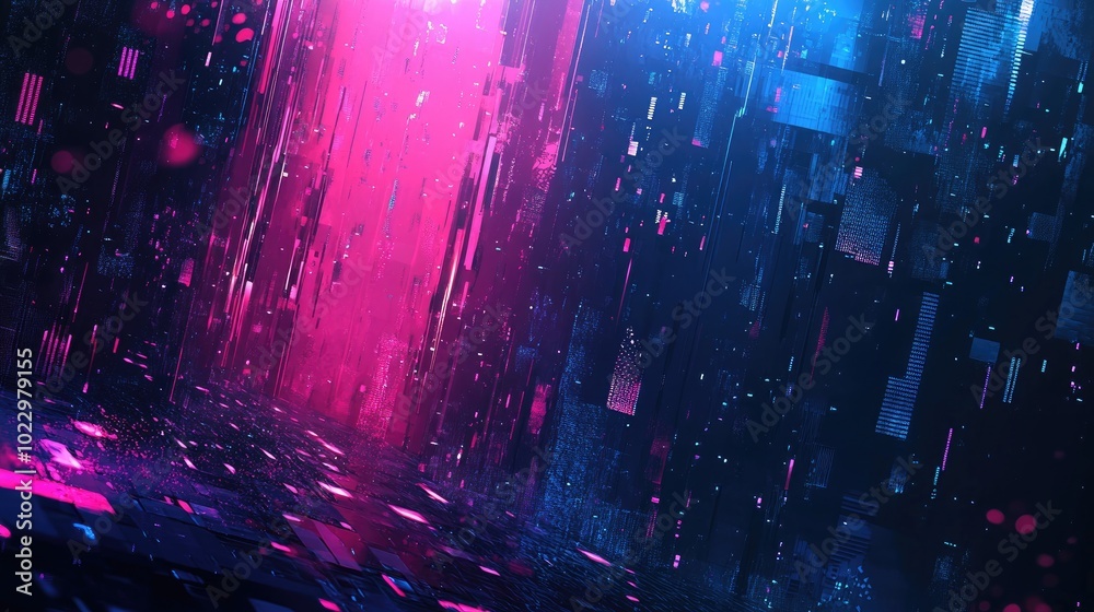 Poster Abstract Digital Generated Dark Blue Pink And Purple Glowing Background Futuristic Tech With Cyber Focus And Motion Speed Light Effect Flashing Speed Sensor Light
