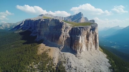 Majestic mountain peak with a sheer cliff face rising above a dense forest.