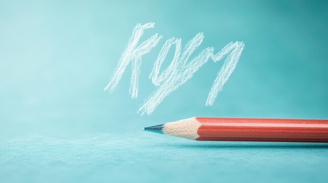 A red pencil is on a blue surface with the word "KRM" written in white
