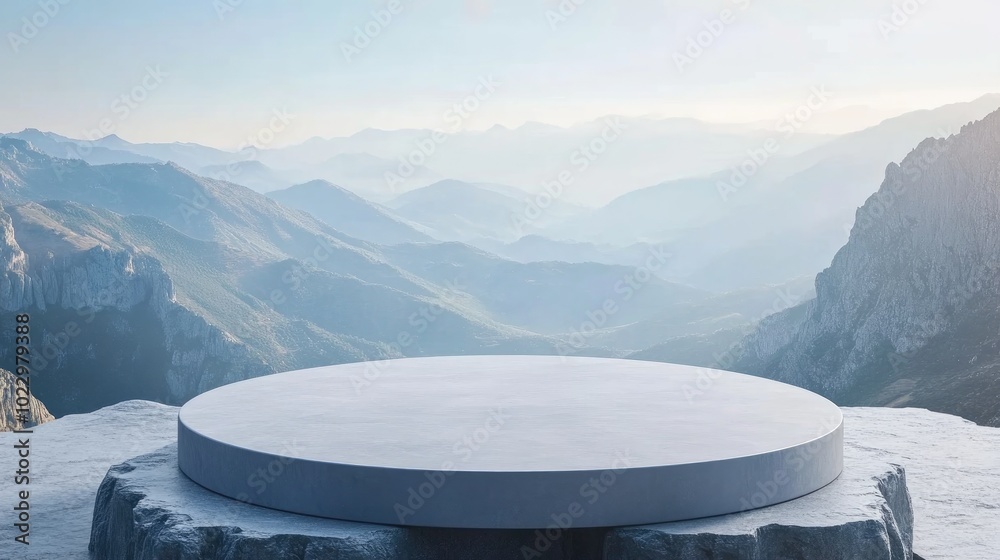 Aufkleber 3D rendered platform and natural podium background on a mountain cliff for product showcase blank display mock up template or cosmetic presentation featuring an empty round stage