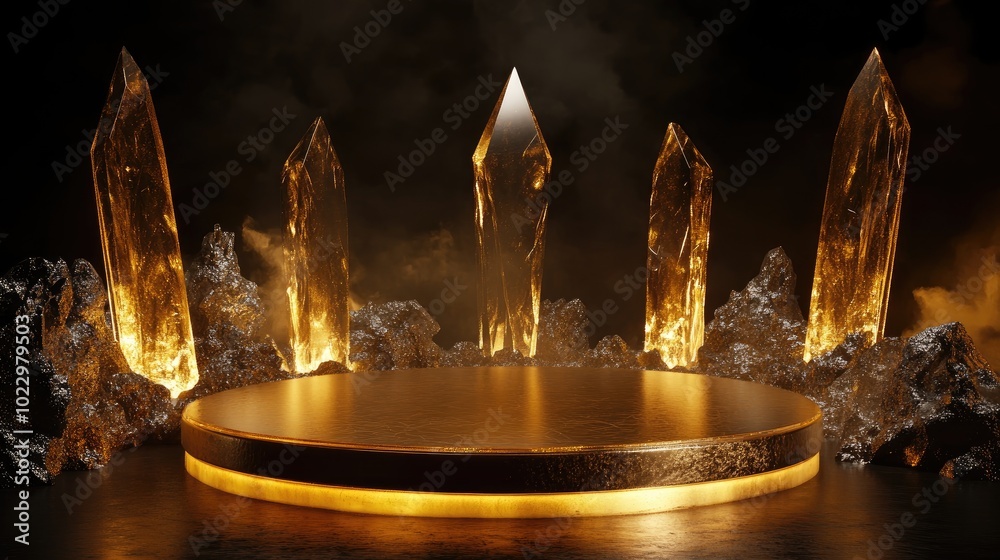 Poster Abstract gold stage platform featuring crystal elements designed as a template for product advertising 3D rendering