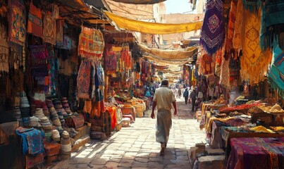 Obraz premium A bustling marketplace with colorful textiles and spices.