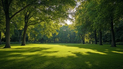Obraz premium Lush green meadow in a forest with dappled sunlight filtering through the trees.
