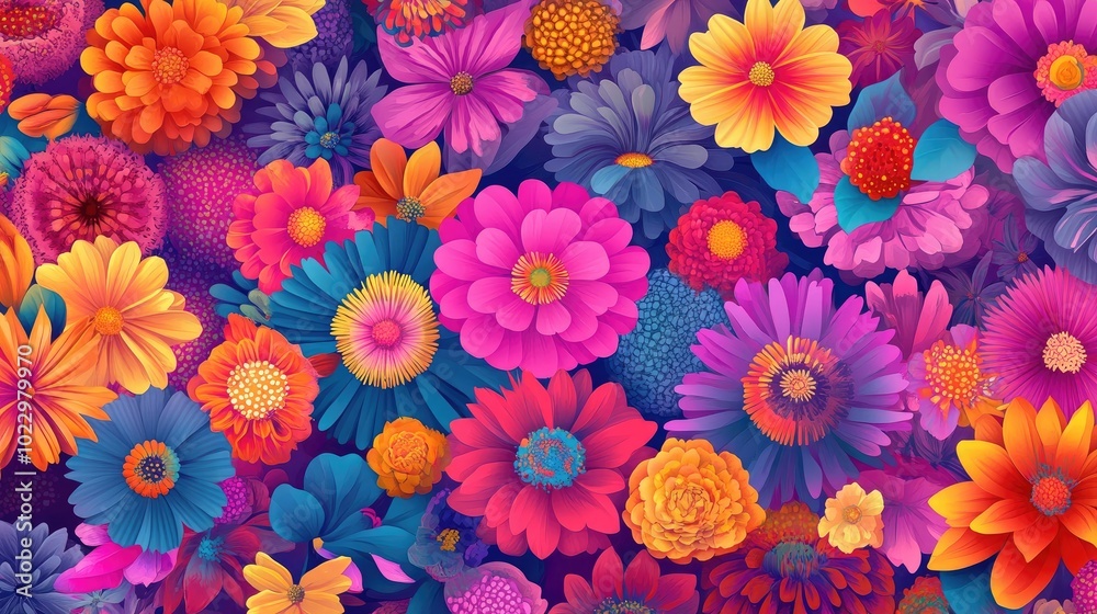 Aufkleber a seamless pattern featuring various fantasy flowers in an abstract style against a vibrant backdrop