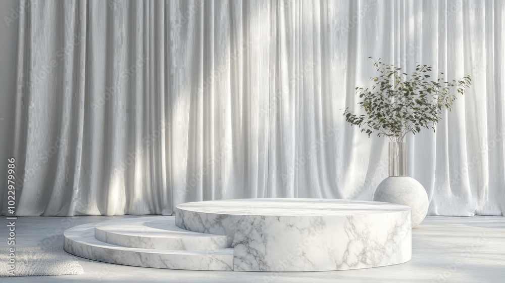 Aufkleber 3d rendering of blank white marble display podiums for advertising against a white curtain backdrop 