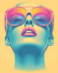 Fototapeta premium A woman with sunglasses on her face. The sunglasses are pink and blue. The woman is smiling