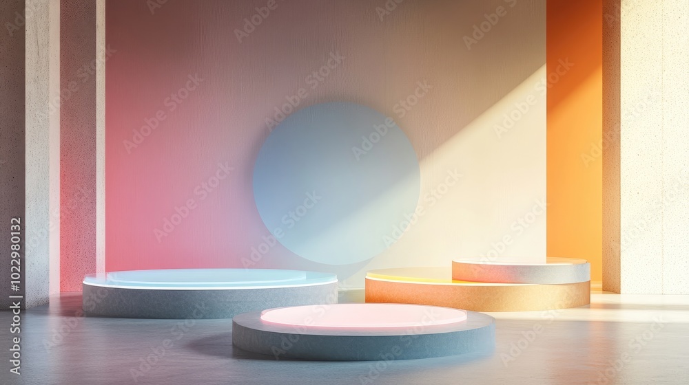 Aufkleber 3D rendered illustration featuring geometric shapes and holographic colored platforms for product display Abstract composition in a contemporary style with minimal design and negative space