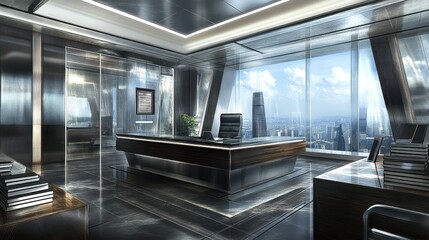 Modern office with sleek design, large windows, and a city view.