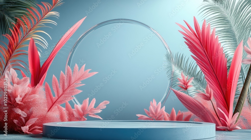 Poster 3d rendering of an abstract podium display featuring tropical leaves and coral pink plants concept f