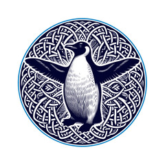 An elegant penguin with detailed, Celtic-style wings, encased in a circular knotwork design. This vector art combines animal symbolism with ancient Celtic patterns in a striking black, white, and gree