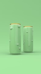 Two aluminum colorful cans. Mockup on green background. 3d illustration.