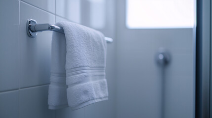Simple bathroom interior featuring a single hand towel on a thin, minimalist towel holder