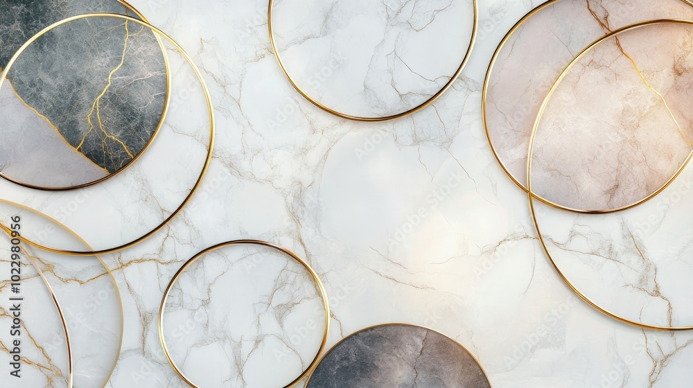 Poster Artistic 3D geometric pattern background featuring golden lines and circles on a light marble texture ideal for modern minimalist mural wallpaper and interior decor