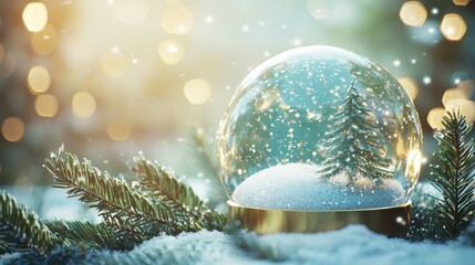 New year and Merry Christmas background. Snow globe standing on snow and snowing fir branches on magic bokeh lights backdrop. Xmas traditional season holiday greeting card, poster, banner
