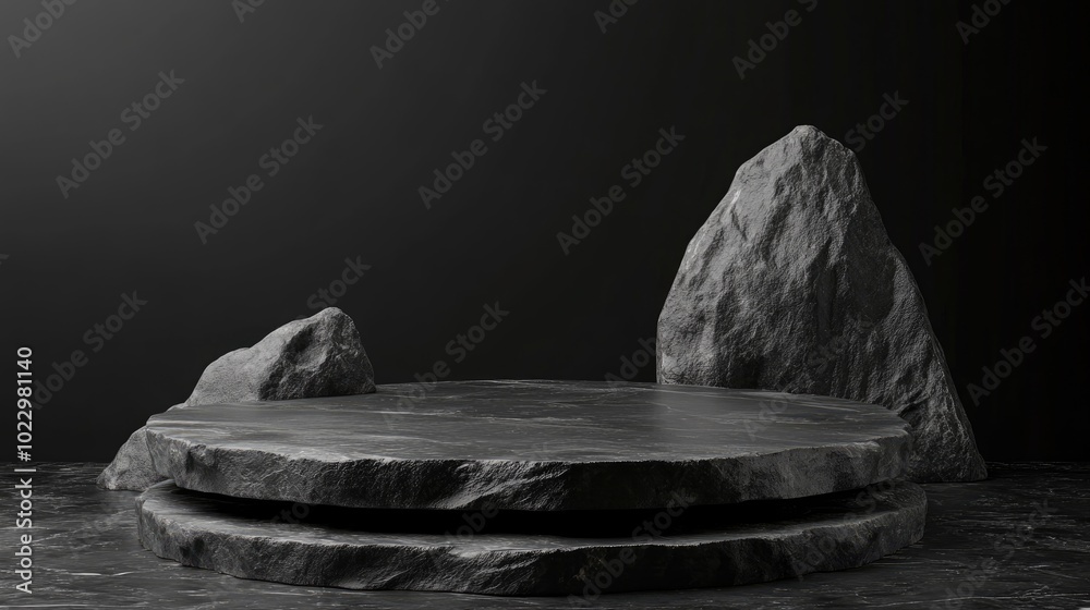 Poster 3d render illustration of stone and rock shapes round podium and pedestal for product display solid 