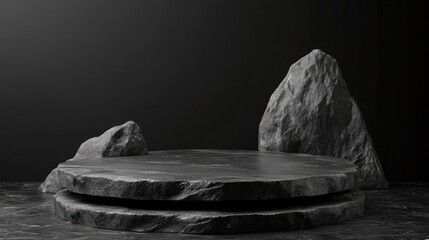 Naklejka premium 3D render illustration of stone and rock shapes Round podium and pedestal for product display Solid dark black color Mockup template for advertising design