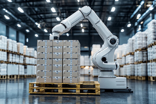 Robotic arm stacking boxes on a pallet in a large warehouse
