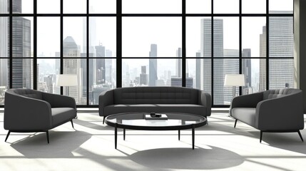 Modern lounge area with a view of a city skyline through large windows.