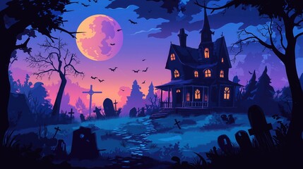 flat illustration of a Halloween background with a haunted house, graveyard, and full moon on a blue-purple color background 