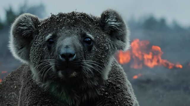 A close-up of a koala covered in ash, standing in front of smoldering wildfire remains, symbolizing wildlife survival and environmental devastation.

