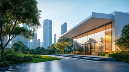 Modern glass building with a large glass facade and a green lawn in front of it, against a backdrop of a city skyline.