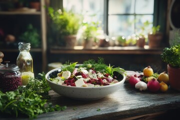 A vibrant, fresh salad featuring colorful vegetables and herbs on a rustic wooden table, evoking a cozy kitchen ambiance.