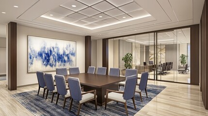 Fototapeta premium Modern conference room with a large table, chairs, and glass-walled meeting space.