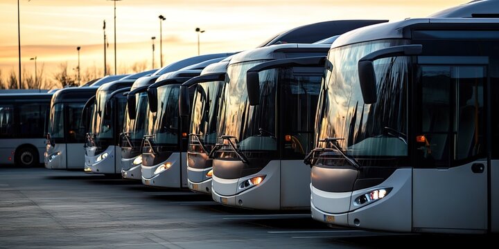 Row of modern buses parked at sunset, transportation concept