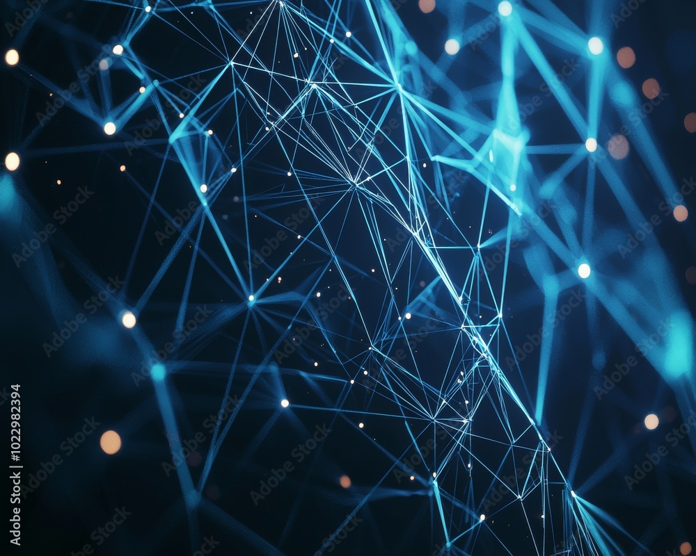 Poster abstract blue network connections with luminous nodes creating a dynamic digital atmosphere.