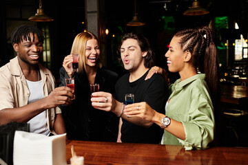 A vibrant group of colleagues sharing laughs while toasting with colorful drinks at a party.