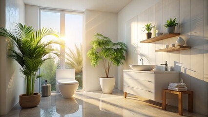 Fototapeta premium Bathed in gentle morning light, this contemporary white bathroom showcases stylish palm trees, embodying a tranquil oasis that invites relaxation and rejuvenation in an elegant space.