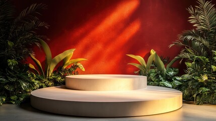 Circular stand and staircase bathed in natural light on a red background mockup podium for product showcasing 3D rendering