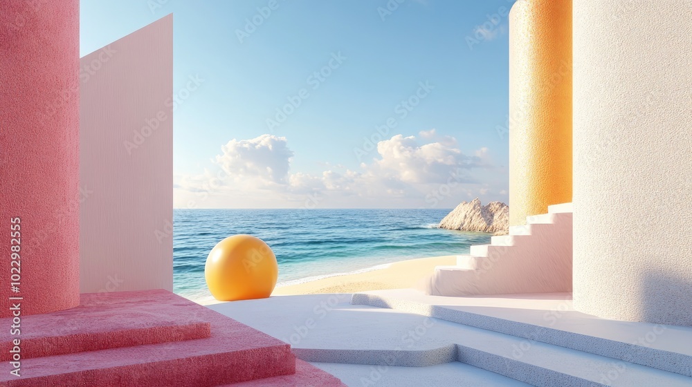 Poster Abstract summer landscape featuring geometric shapes and an ocean beach view 3D rendering