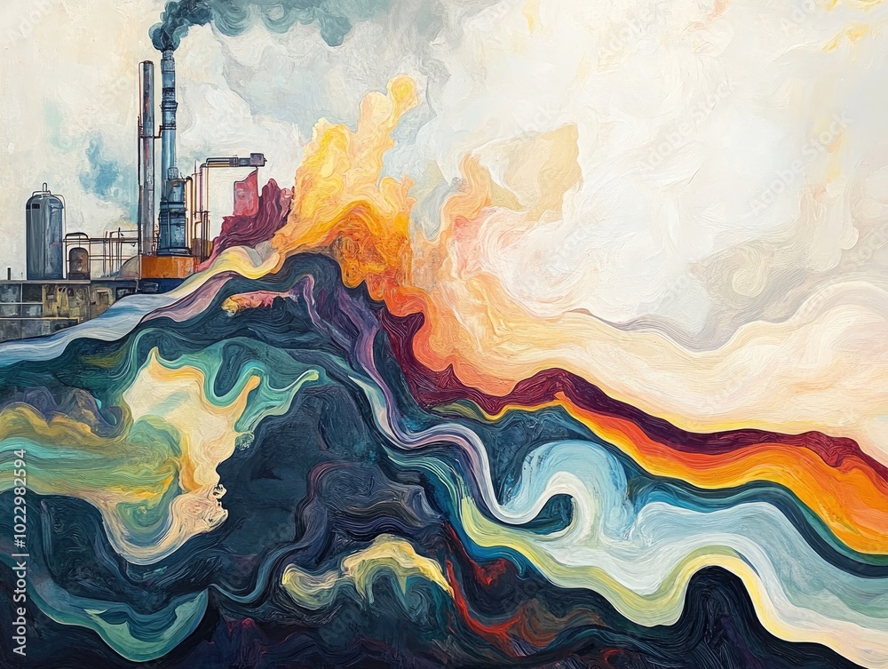 Poster abstract painting depicting colorful fluid movements resembling ocean waves flowing from a washing p