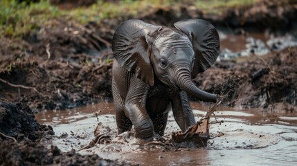 Fototapeta premium A baby elephant is playing in a muddy pond