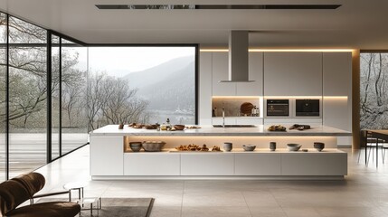 Modern kitchen with white cabinets and a large island with breakfast bar, overlooking a scenic mountain view.