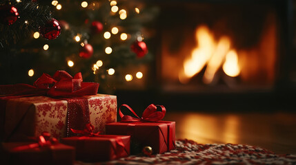 Aesthetic home Christmas scene with presents at night with bokeh lights of new year tree and fireplace. Generative AI