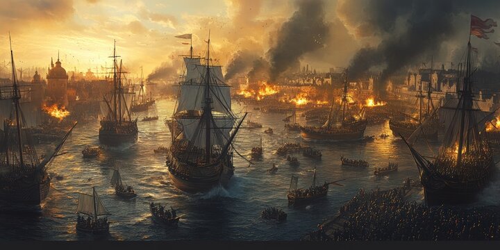 Naval battle with burning ships and city in background.