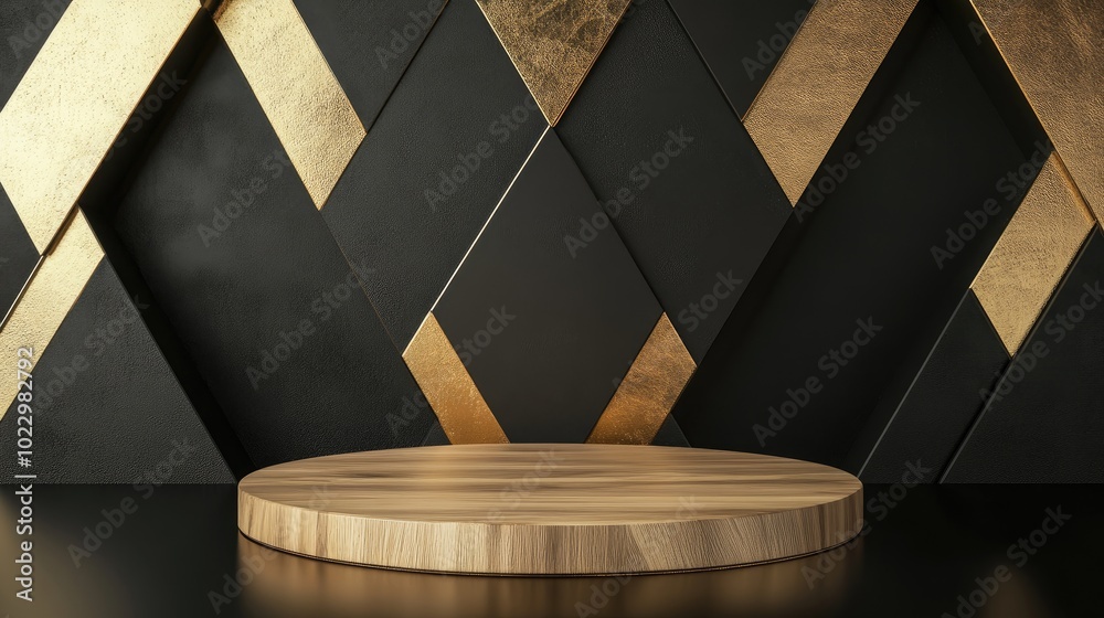 Poster abstract elegant wooden gold podium on gold triangle background empty round wood product stand on bl