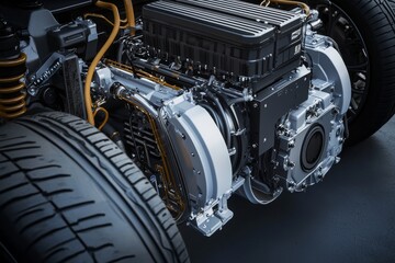 Fototapeta premium Close-up view of a high-performance electric engine, showcasing advanced engineering and sleek design.