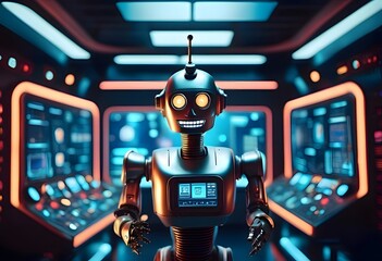 Futuristic Robot in Control Center Starring Ahead