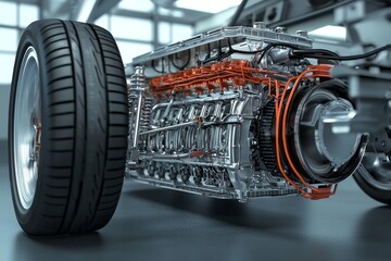 Fototapeta premium Close-up view of a detailed automotive engine with sleek design and vibrant orange wiring against a modern backdrop.
